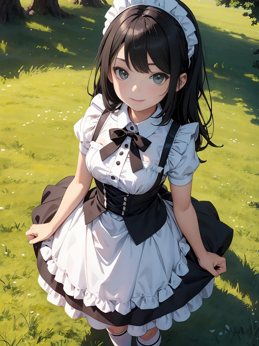Draw the face in detail、1 childish girl、Maid costume、Professional lighting、Happy expression、Shiny black hair、Perfect anatomical structure、On a green meadow、Carrying a fruit plate,Standing on the grass