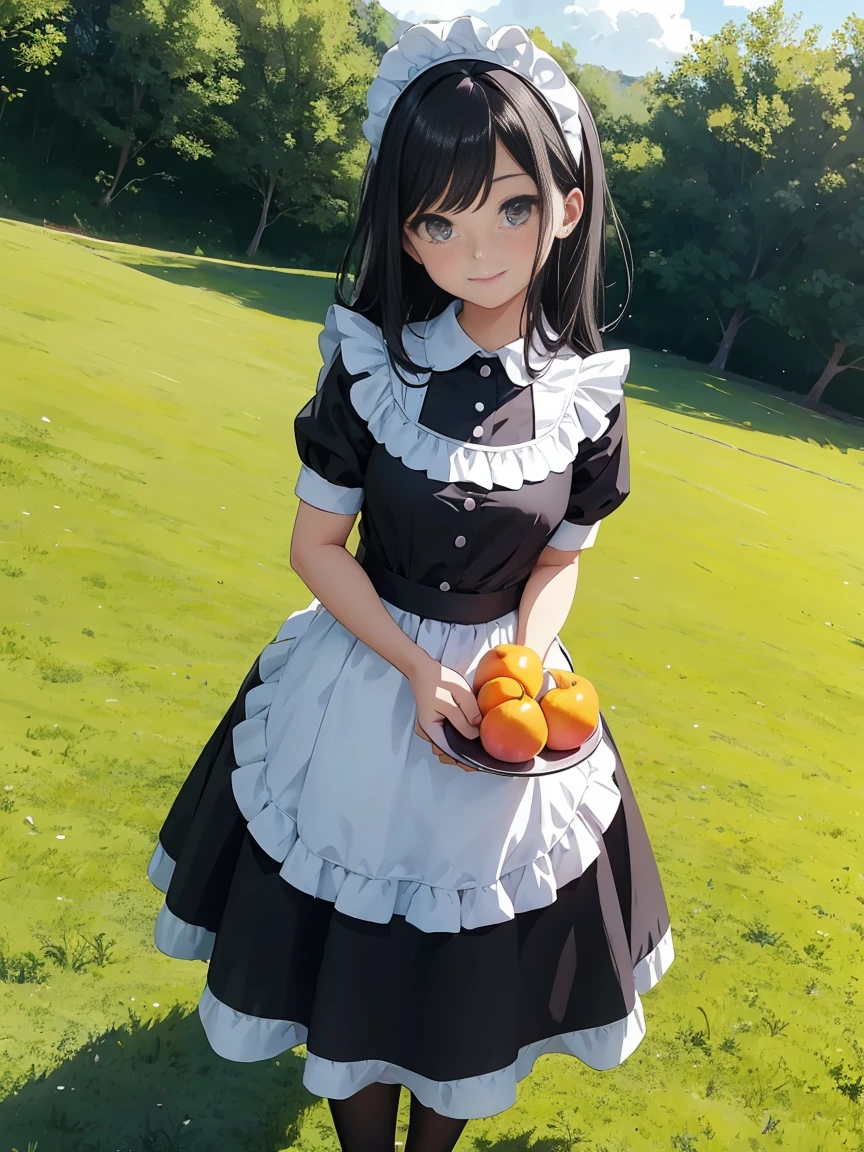 Draw the face in detail、1 childish girl、Maid costume、Professional lighting、Happy expression、Shiny black hair、Perfect anatomical structure、On a green meadow、Carrying a fruit plate,Standing on the grass