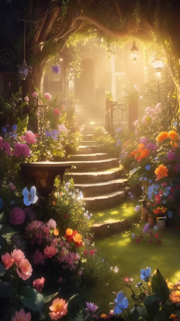There is a garden,The garden is full of flowers,There are also stairs leading to the house, floral environment, Cottage core garden, Beautiful fairy tale rendering, Unreal Engine ; romantic theme, photograph of magic garden, magical environment, magic garden, The most beautiful scene, secret garden, summer morning light, in a Cottage core garden, 4k matte thomas kinkade