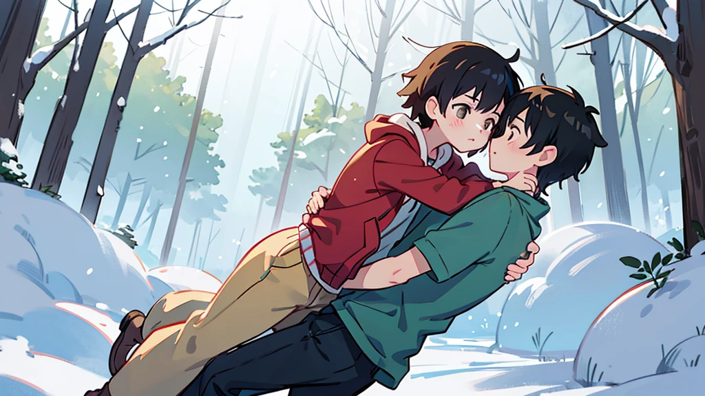 1 boy carrying a girl the same size on his back, in a heavy snow storm, In a forest, in a hurry, an image of Makoto Shinkai, trend on pixiv, conceptual art, guweiz style artwork, Guweiz and Makoto Shinkai, Sakimichan and Makoto Shinkai, ( ( Makoto Shinkai ) ), sad anime scene. Kawaii Design, face and body details (ultra quality 4k) (many details) (detailed)