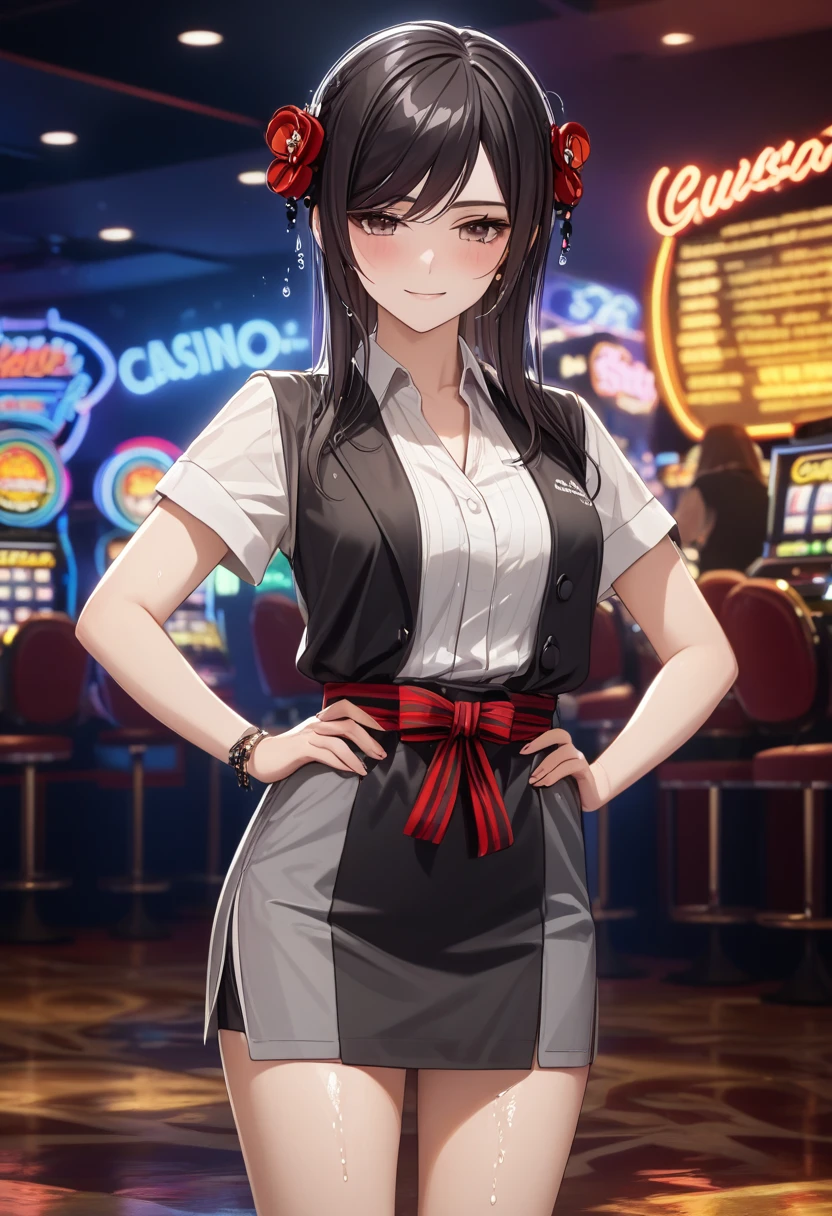 woman, chiori, (standing:1.5), (wetting herself:1.5), best quality, ultra-detailed, HDR, studio lighting, professional, vivid colors, sharp focus, bokeh, landscape, casino, neon lights, soft lighting, dynamic shadows, (embarrassed:1.25), (humiliation:1.25), (blushing:1.25), (naughty face:1.25), (seductive expression:1.25), facing viewer, (hands on hips:1.5)