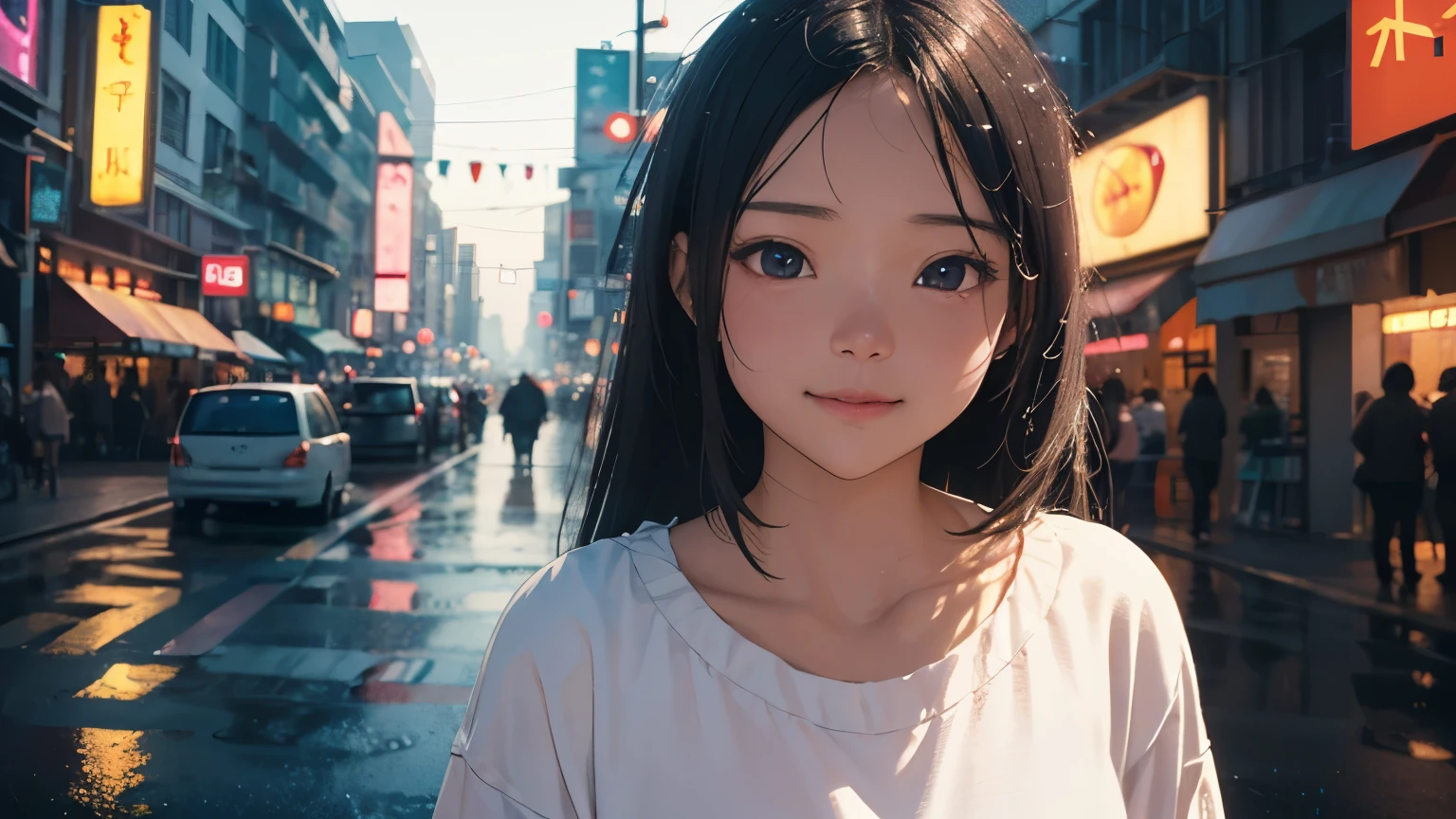 (best quality), (masterpiece), a background image for Lofi Music with a Laos girl, (Laos girl:1.1), (Lofi Music:1.3), (serene expression:1.3), (ray tracing:1.3), (realistic:1.5), City of the Night, neon signs on the street sparkle,City of the Night,Smiling look