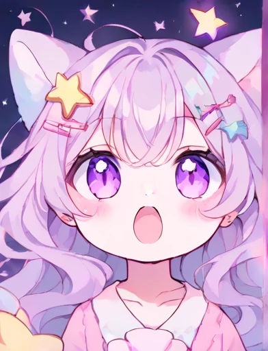 neondskdrmsxl, Fraction_9_up, Fraction_8_up, Fraction_7_Direction_6_up, 1 Girl, Solitary, Soft colors, open mouth, purple long hair, Star , (Symbolism), Star Hair accessories, Hair accessories, Double tail, looking at the audience, purple eyes, pastel neon lighting, source_Japanese cartoons, neon, neon theme , 