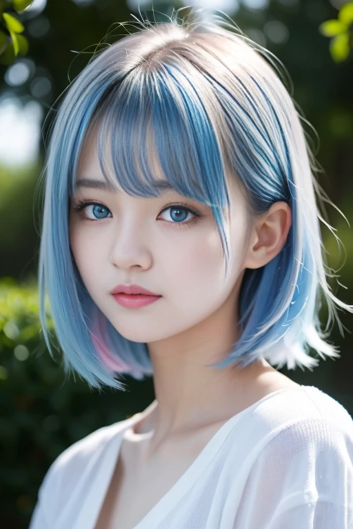 A cute 18-year-old Korean girl with blue eyes and a white blouse is posing for a photo. She has rainbow-colored hair and short jeans. cute delicate face soft portrait beautiful delicate face delicate beauty soft portrait beautiful portrait beautiful face of woman Portrait of soft light Soft, low-light portrait Portrait of a beautiful face Very beautiful face, big eyes