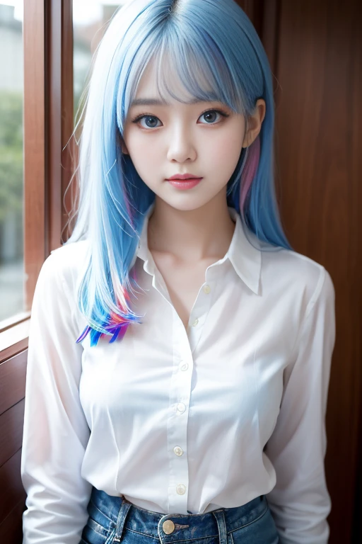 A cute 18-year-old Korean girl with blue eyes and a white blouse is posing for a photo. She has rainbow-colored hair and short jeans. cute delicate face soft portrait beautiful delicate face delicate beauty soft portrait beautiful portrait beautiful face of woman Portrait of soft light Soft, low-light portrait Portrait of a beautiful face Very beautiful face, big eyes