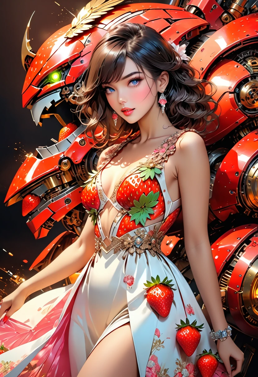 a portrait of  an exotic, elegant beautiful mecha woman eating an epic, (legendary strawberry: 1.3) in cocktail party , ((full body: 1.5)), ((anatomically correct: 1.5)), (ultra detailed face: 1.2), dynamic eye color, glowing eyes, dynamic hair color, dynamic hair style dynamic skin complexion, wearing 1960's glamour intricate dress, high. fashion dress, dynamic color dress , wearing high heels, cocktail party background, vibrant, Ultra-high resolution, High Contrast, (masterpiece:1.5), highest quality, Best aesthetics), best details, best quality, highres, 16k, (ultra detailed: 1.5), masterpiece, best quality, (extremely detailed) RAW, (ultra details, Masterpiece, best quality), Hyperrealism style, MechanicusStyleAI, 