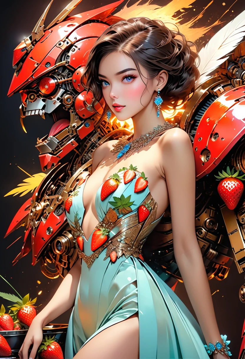 a portrait of  an exotic, elegant beautiful mecha woman eating an epic, (legendary strawberry: 1.3) in cocktail party , ((full body: 1.5)), ((anatomically correct: 1.5)), (ultra detailed face: 1.2), dynamic eye color, glowing eyes, dynamic hair color, dynamic hair style dynamic skin complexion, wearing 1960's glamour intricate dress, high. fashion dress, dynamic color dress , wearing high heels, cocktail party background, vibrant, Ultra-high resolution, High Contrast, (masterpiece:1.5), highest quality, Best aesthetics), best details, best quality, highres, 16k, (ultra detailed: 1.5), masterpiece, best quality, (extremely detailed) RAW, (ultra details, Masterpiece, best quality), Hyperrealism style, MechanicusStyleAI, 