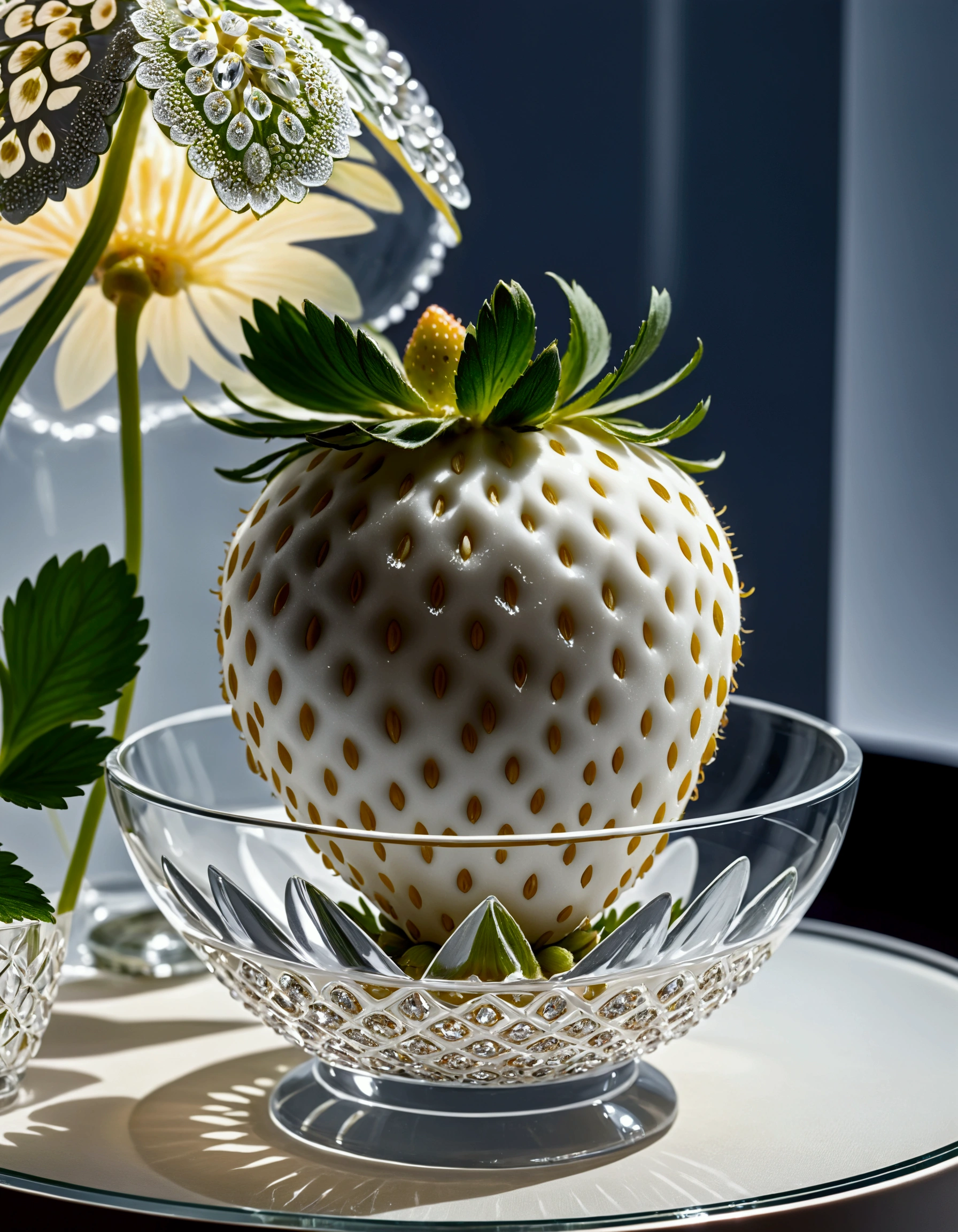 A single white strawberry of the latest variety is carefully displayed in a glass showcase, (Close-up of a single white strawberry), white strawberries in a crystal vessel, luxury white strawberries, large, displayed in a luxury department store, intricate detailed white strawberry, white theme, spotlight, Intricate detailed exhibition table, Vivid contrast, accurate detail, high detail, shining contours, precision, high-quality oil painting,. stunningly beautiful, Masterpiece,Best Quality, high Detailes, 8K