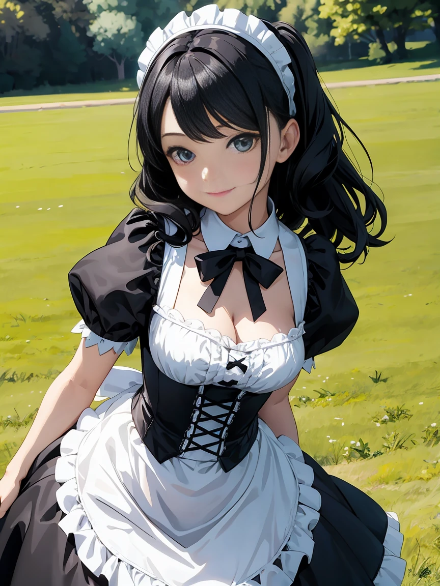 Draw the face in detail、1 childish girl、Maid costume、Professional lighting、Happy expression、Shiny black hair、Perfect anatomical structure、On a green meadow、Dance