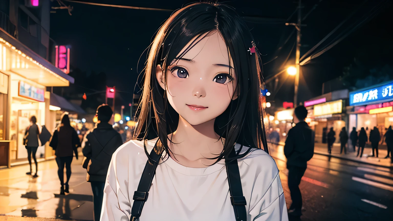 (best quality), (masterpiece), a background image for Lofi Music with a Laos girl, (Laos girl:1.1), (Lofi Music:1.3), (serene expression:1.3), (ray tracing:1.3), (realistic:1.5), City of the Night, neon signs on the street sparkle,City of the Night,Smiling look