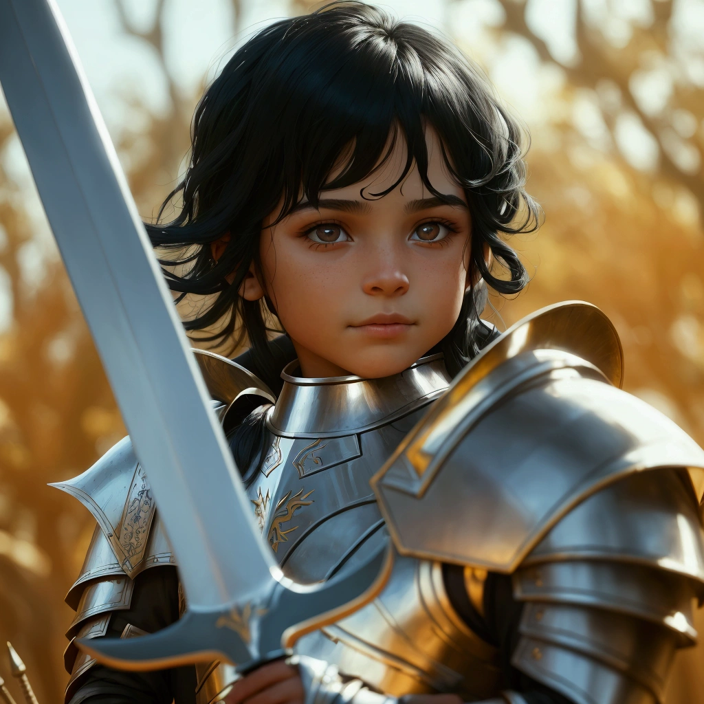 A noble warrior with a long sword , black metal armor, Caucasian skin , black hair and light eyes. He is with his daughter. A beautiful 5 year old child, a happy black haired one, No meio da floresta, fatherly moment 