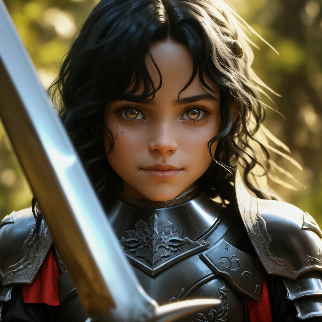 A noble warrior with a long sword , black metal armor, Caucasian skin , black hair and light eyes. He is with his daughter. A beautiful 5 year old child, a happy black haired one, No meio da floresta, fatherly moment