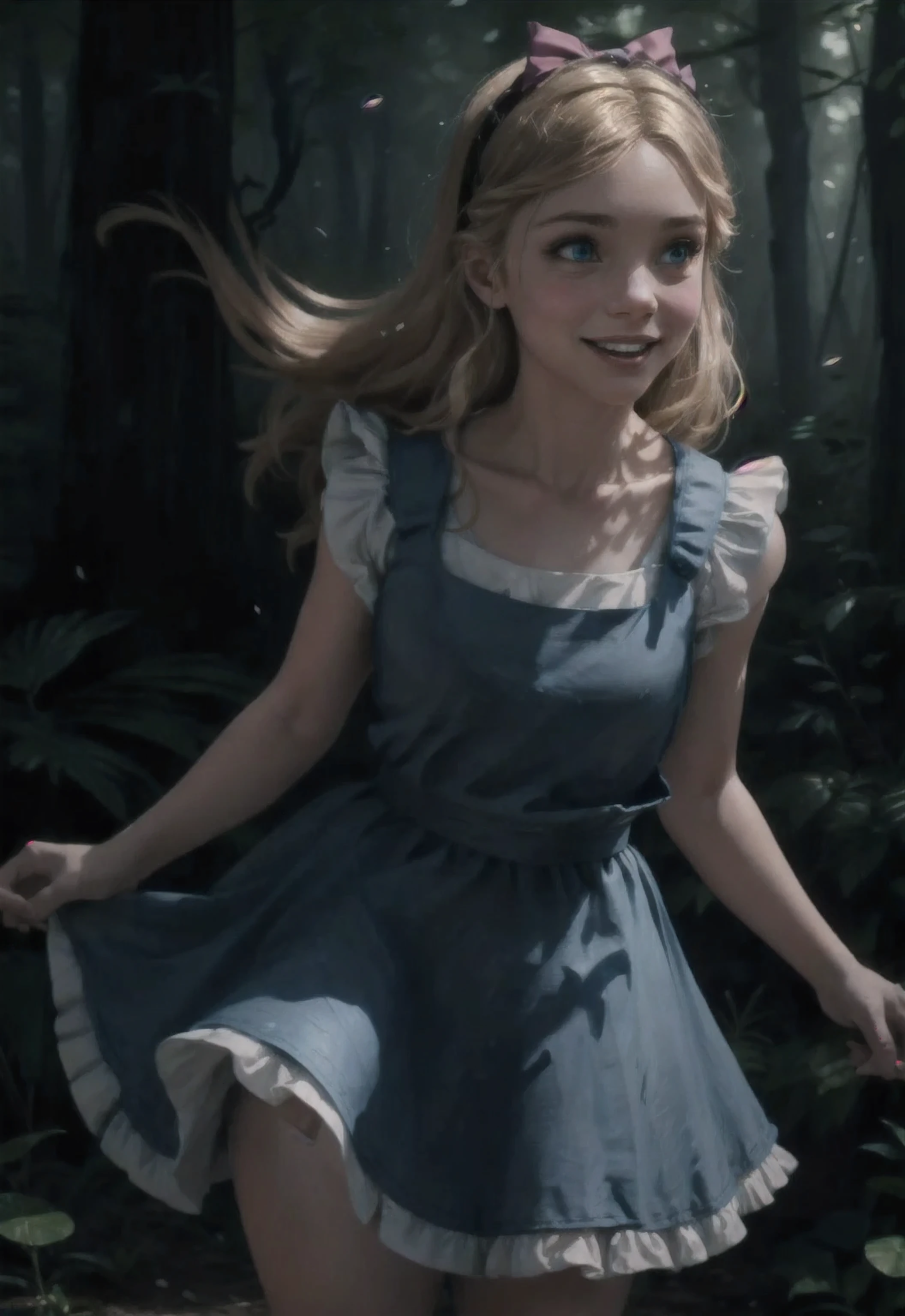 AliceWonderlandWaifu, Woman, absurderes,, leaning forward, From  above,  detailed light,((cinematic lighting)),eyes very detailed, best qualityer, comely face, ultra detaild, high resolution, (lightrays),best qualityer,((shortstack:1.6)), pretty long hair, 
1 girl, (breasts small:1.1),  comely,   (Average body weight:1.4), ( curved:1.6), (Broad Hips:1.3),  , standing alone,  ((shortstack:1.7)),(cutaneous dentition:1.5),(hair flying:1.4),
, (blush:1.2), looking ahead at viewer,  tight slit, 
shining skin, 
long blondie hair, cute smile,
action photo, slow motion, motion-blur, Facial Focus, (dynamic angle:1.2), (dynamic pose:1.2),
dress with ruffles, mushroom forest, blue dress with white apron, Wonderland, black helmet with bow, blue colored eyes, mushroom forest, 
light blue victorian style dress,puffy short sleeves and a white apron over the skirt, wide skirt, black ribbon tied in a bow, soft, lightweight fabric,
(8k, CRU photo, best qualityer, work of art:1.2), photon mapping, radiosity, 35mm focal length ,particles, Accent lighting, occlusion environment, film grain, Depth of field,
Sweeping,  ,comely lighting ,    highy detailed, 8k, Vivid, contrasting colors, Chromatic aberration, ,Vibrant digital illustration, , behance hd, best qualityer, (realisitic:1.2), (hight contrast:1.2),
shallow Depth of field, blossom, (RSEEma:1.2),
volumetric lighting, Accent lighting, extremely detailed CG 8k illustrations, work of art, hyper detailled, best qualityer, ultra high resolution, high resolution, (details Intricate),RSEEma,
