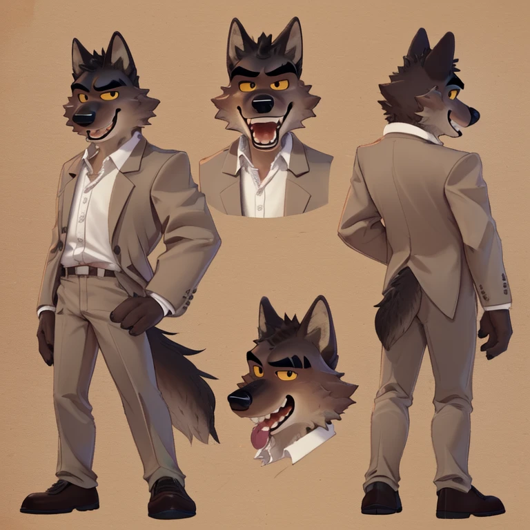 Mr. Wolf (The Bad Guys), Looking at viewer, Open Mouth, Sticking out tongue, Yellow Eyes, Brown Fur, Wide-Eyed, Wolf Ears, Anatomically Correct, Seductive Smile, Raised Eyebrow, Oral Invitation, Simple background, Multiple Views, Character Sheet Full-Length, Character Design, Illustration, High Resolution, Super Detailed, Textured Skin, Full Shot