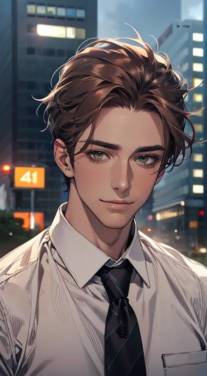(Highest quality,4K,8K,High resolution,masterpiece:1.2),Super detailed,(Realistic,photoRealistic,photo-Realistic:1.37),1 person,34 years old,Mature Men,Beautiful skin、very handsome,Expressionless smile in love,Short gray redq hair,green eyes,Sharp Eyes,A perfect face without a doubt,Businessman, CEO, Office Background,Cinema Lighting,HDR image,tie、