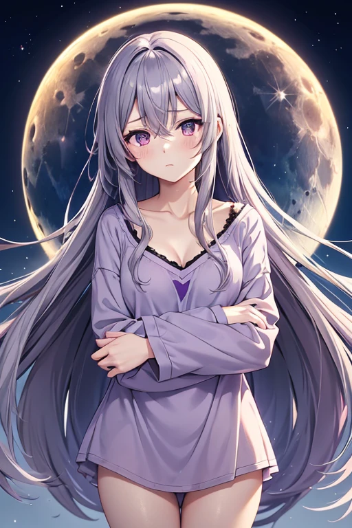 Adult Anime Girl 2d Long Hair Loose light Purple-Grayish, Age Adulthood adult, pijama, nigh, dark, tired, neck pain, exhausted, night, moon