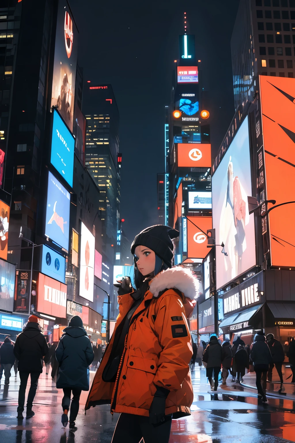 A vibrant digital illustration of a person standing in Times Square during winter, with snowflakes gently falling around. The subject, wearing a bright orange puffer jacket with a fur-lined hood and a knitted beanie, gazes up at towering skyscrapers adorned with colorful billboards. The scene captures the bustling energy of the city, showcasing the iconic buildings and a clear blue sky, with a focus on the contrast between the warm clothing and the cold environment. The artwork features a cinematic perspective, emphasizing the grandeur of the surroundings and the cozy demeanor of the figure.