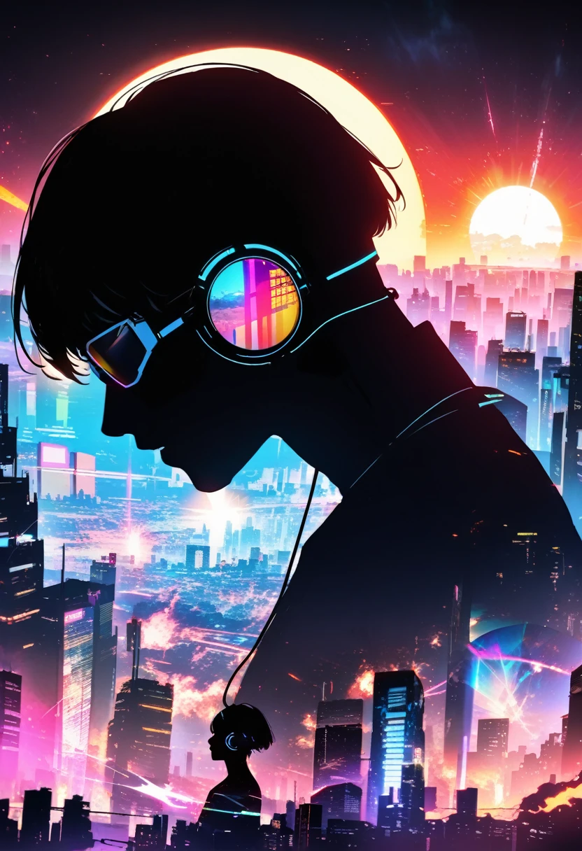 silhouette of a man in profile. short hair, (((sun glasses:1.3))), (headphones:1.3), Inside the silhouette you can see the with a deep cyberpunk, city, supernova explosion, cyberpunk night city back ground（masterpiece), ((double exposure)), proportional.,DOUBLE EXPOSURE