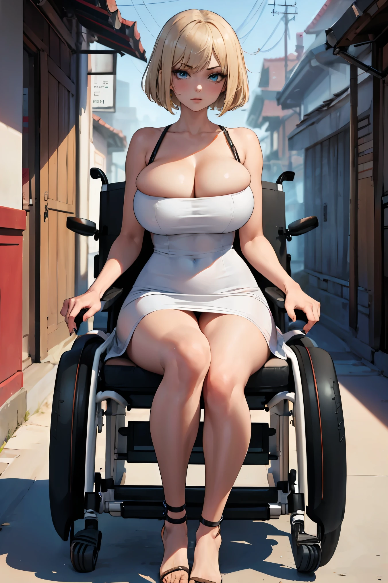 (((((full body))))), (((((wheelchair))))), (((((fair skin))))), (((slim body))), masterpiece, best quality, anime, anatomically accurate, detailed face, pretty face, extremely detailed face, ((((1girl)))), (((short hair))), (((long legs))), (((huge breasts))), bob cut hair, blonde hair, big and expressive eyes, (wearing white sundress), mesmerizing hair, slender hips, (Perfect hands and fingers very well detailed), full body photo, on the seashore, , reflection in the eye, blue eyes, anime, Anime Style, cinematic lighting, ray tracing, panorama, Sony FE, high definition, artwork, Anatomically Correct, Textuvermelho Skin, super detail, high quality, high resolution, high definition