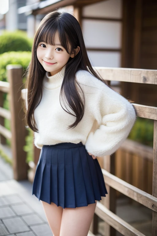 (((masterpiece))), (((Full body photo)))， (Beautiful Japanese Girl, Innocence，cute) ，Ultra-high resolution, Realistic, Ultra-detailed, 8k,Highest quality, Very detailed, Detailed Background,Slender,とてもBeautiful Japanese Girl, Detailed face:1.3), (Fluffy long hair,Black-haired :1.4), (Baby Face，cute系,Adorable 12 year old girl), (Perfect body:1.1),，Cute Smile:、show me your beautiful teeth、非常にDetailed face、Detailed lips、Detailed eyes、 gravure idol，Clear Skin、Realistic:1.37，No makeup，Neutral lighting,(Highest quality, masterpiece), (One girl, alone, school uniform,Navy blue jumper skirt,,Are standing , View your viewers, Beautiful clavicle、have a paperback book、Mouth closed, Upper Body),(at the library)