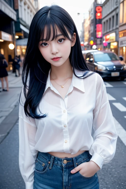 A cute 18-year-old Korean girl with blue eyes and a white blouse is posing for a photo. She has rainbow-colored hair and short jeans. Standing on the street, her delicate face is cute. soft portrait beautiful delicate face delicate beauty soft portrait beautiful portrait beautiful face of woman Portrait of soft light Soft, low-light portrait Portrait of a beautiful face Very beautiful face, big eyes