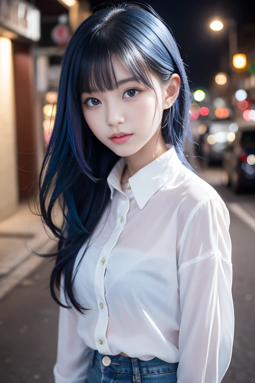 A cute 18-year-old Korean girl with blue eyes and a white blouse is posing for a photo. She has rainbow-colored hair and short jeans. Standing on the street, her delicate face is cute. soft portrait beautiful delicate face delicate beauty soft portrait beautiful portrait beautiful face of woman Portrait of soft light Soft, low-light portrait Portrait of a beautiful face Very beautiful face, big eyes