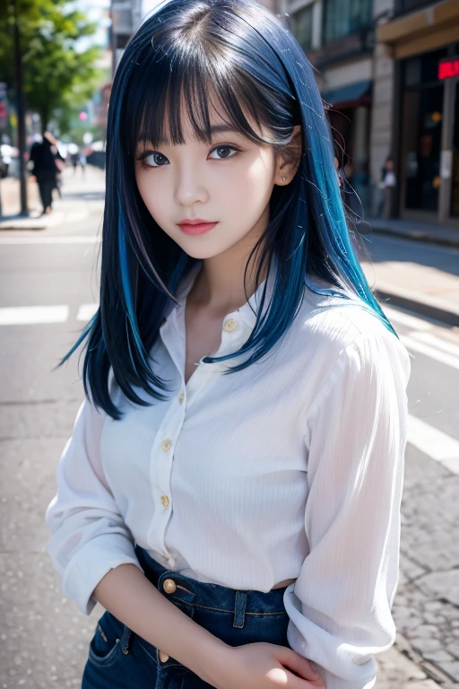 A cute 18-year-old Korean girl with blue eyes and a white blouse is posing for a photo. She has rainbow-colored hair and short jeans. Standing on the street, her delicate face is cute. soft portrait beautiful delicate face delicate beauty soft portrait beautiful portrait beautiful face of woman Portrait of soft light Soft, low-light portrait Portrait of a beautiful face Very beautiful face, big eyes