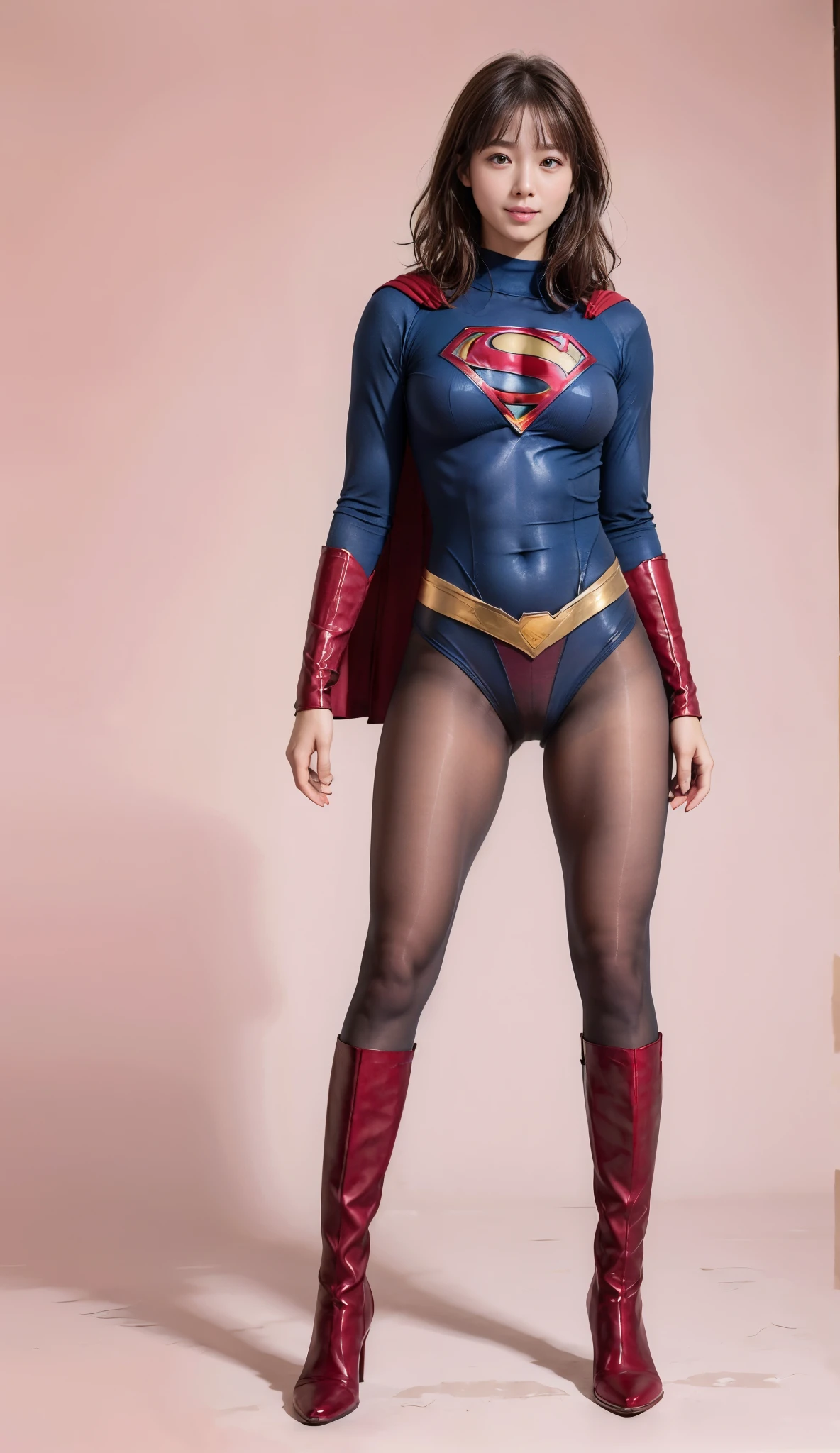No background、(((Beautiful legs in black tights.)))、(((Legally express the beauty of your smile)))、((((Make the most of your original images)))、(((Supergirl Costume)))、(((Beautiful very short hair)))、(((suffering)))、(((Please wear black tights....、Wear red boots)))、((Best image quality、8k))、((Highest quality、8k、masterpiece:1.3))、(((Preserve background )))、Sharp focus:1.2、Beautiful woman with perfect figure:1.4、Slim Abs:1.2、Wet body:1.5、Highly detailed face and skin texture、8k