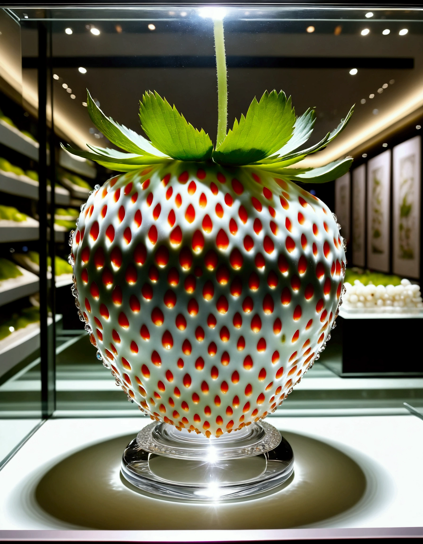 A single white strawberry of the latest variety is carefully displayed in a glass showcase, (Close-up of a single white strawberry), white strawberries in a crystal vessel, luxury white strawberries, large, displayed in a luxury department store, intricate detailed white strawberry, white theme, spotlight, Intricate detailed exhibition table, Vivid contrast, accurate detail, high detail, shining contours, precision, high-quality oil painting,. stunningly beautiful, Masterpiece,Best Quality, high Detailes, 8K