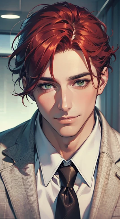 (Highest quality,4K,8K,High resolution,masterpiece:1.2),Super detailed,(Realistic,photoRealistic,photo-Realistic:1.37),1 person,34 years old,Mature Men,Beautiful skin、very handsome,Expressionless smile in love,Short gray red hair,green eyes,Sharp Eyes,A perfect face without a doubt,Businessman, CEO, Office Background,Cinema Lighting,HDR image,tie、