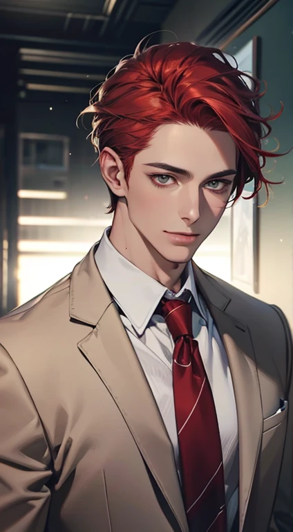 (Highest quality,4K,8K,High resolution,masterpiece:1.2),Super detailed,(Realistic,photoRealistic,photo-Realistic:1.37),1 person,34 years old,Mature Men,Beautiful skin、very handsome,Expressionless smile in love,Short gray red hair,green eyes,Sharp Eyes,A perfect face without a doubt,Businessman, CEO, Office Background,Cinema Lighting,HDR image,tie、