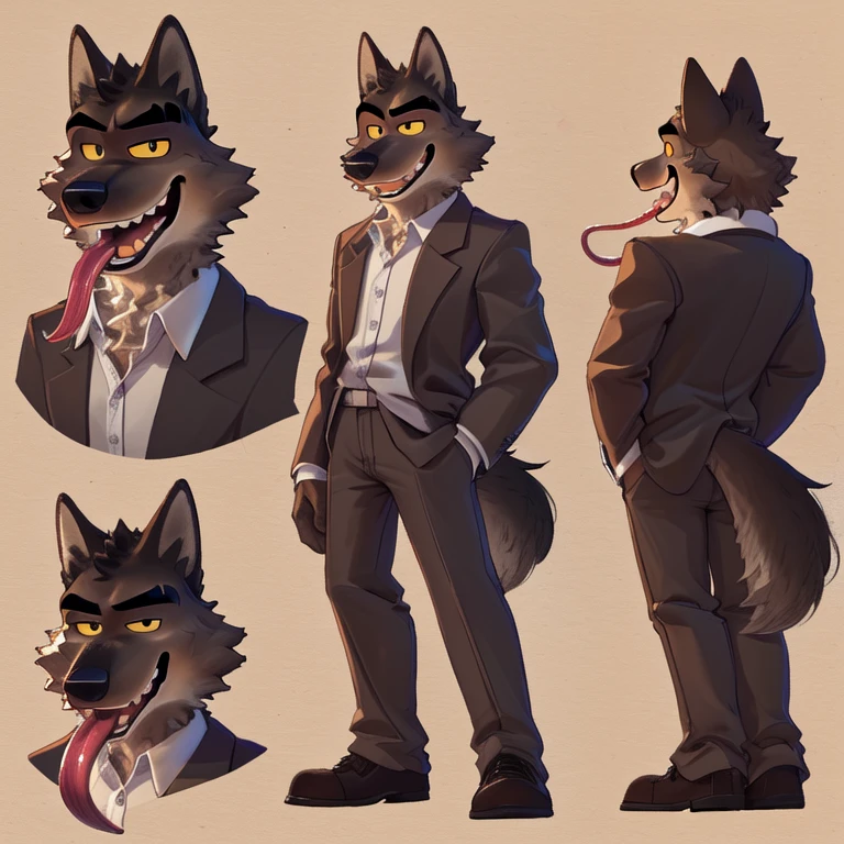 Mr. Wolf (The Bad Guys), Looking at viewer, Open Mouth, Sticking out long tongue, Yellow Eyes, Brown Fur, Wide-Eyed, Wolf Ears, Anatomically Correct, Seductive Smile, Raised Eyebrow, Oral Invitation, Simple background, Multiple Views, Character Sheet Full-Length, Character Design, Illustration, High Resolution, Super Detailed, Textured Skin, Full Shot