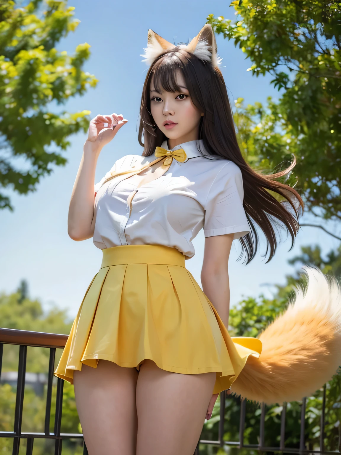 ((Highest quality, 8k)), ((masterpiece)), (Highest Resolution), Perfect Face, Fox Girl, high school girl, Beautiful woman, public, One tail, she has thick thighs, Big tail, She has a yellow fox tail., She wags her tail, Troubled face, Fur collar, She is wearing a short skirt, Beautiful Hips , Big Breasts, The skirt is rolled up at her tail