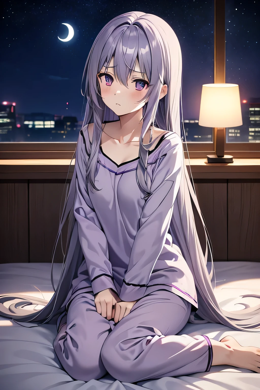 Adult Anime Girl 2d Long Hair Loose light Purple-Grayish, Age Adulthood adult, pijama, nigh, dark, tired, neck pain, exhausted, bedroom, night, moon