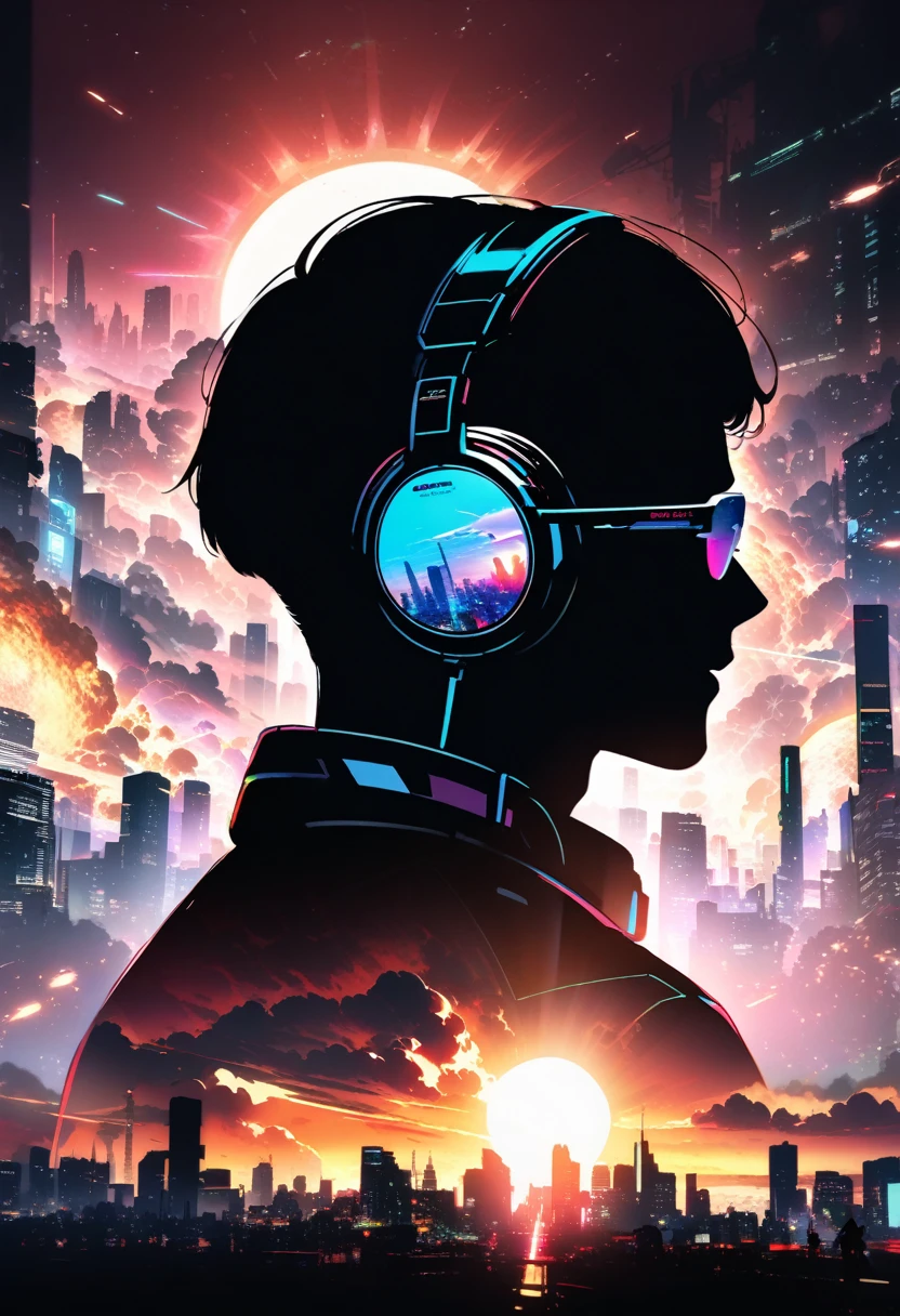 silhouette of a man in profile. short hair, (((sun glasses:1.3))), (headphones:1.3), Inside the silhouette you can see the with a deep cyberpunk, city, supernova explosion, cyberpunk night city back ground(masterpiece), ((double exposure)), proportional.,DOUBLE EXPOSURE