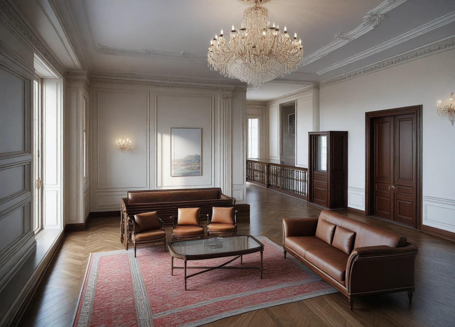 RAW photo, masterpiece, a view of a ( LIVING ROOM :1.3) with a couch, chairs, and a chandelier, highly detailed interior, neo - classical style, neoclassical style, neoclassicism style, interior architect architectural visualization, neoclassical style, in style of classicism, white light sun, rendered in vray, rendered in v-ray, rendered in unreal engine 3d, (photorealistic:1.2), (photorealistic:1.5), best quality, ultra high res, architechture, (leather sofa detail:1.5), neoclassic house, (detailed railing neoclassic:1.5), luxury neoclassical villa, (mable floor details:1.5), (detailed neoclassical carpet:1.5), in the style of neoclassical scene, glass windows, best quality, (Intricate lines:1.5), ((Photorealism:1.5)),(((hyper detail:1.5))), archdaily, award winning design, (dynamic light:1.3), (day light:1.2), (perfect light:1.3), (shimering light :1.4), refection glass windows, (curved line architecture arch:1.2), photorealistic, FKAA, TXAA, RTX, SSAO, Post Processing, Post-Production, CGI, VFX, SFX, Full color,((Unreal Engine 5)), Canon EOS R5 Camera + Lens RF 45MP full-frame CMOS sensor, HDR, Realistic, Cinematic intricate detail, extreme detail, science, hyper-detail, FKAA, super detail, super realistic, crazy detail, intricate detail, nice color grading, reflected light on glass, eye-catching wall lights, unreal engine 5, octane render, cinematic, trending on artstation, High-fidelity, Viwvid, Crisp, Sharp, Bright, Stunning, ((Lifelike)), Natural, ((Eye-catching)), Illuminating, Flawless, High-quality,Sharp edge rendering, medium soft lighting, photographic render, detailed archviz, ((( bright  Tone : 1.7))), (( doussie wood : 1.7 ))