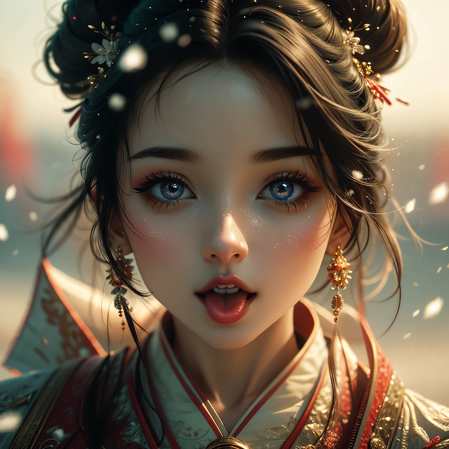 ExtremelyDetailed Kawaii girl Face (Close-up of KissableTongue)((Kissing to Camera)) glossy lips with beautiful details, extremely delicate and beautiful (TopQuality Masterpiece of 8K Ultra-detailed(ProfessionalPhoto:1.37)), {Amazing|finely detail|official art|incredibly absurdres} (close-up:1.22), fish eye lens (wide lens) macro lens, Detailed reflective Eyes with (sparkling highlights:1.28) Detailed(Voluminous LongEyelashes:0.88), {from Above|Visible back of throat|String of saliva drip}, (????? shoulder:1.32), Dripping(WhiteJuice on tongue:1.28) snow particles 
