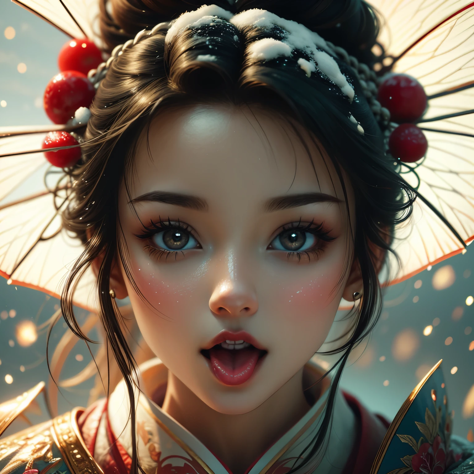 ExtremelyDetailed Kawaii girl Face (Close-up of KissableTongue)((Kissing to Camera)) glossy lips with beautiful details, extremely delicate and beautiful (TopQuality Masterpiece of 8K Ultra-detailed(ProfessionalPhoto:1.37)), {Amazing|finely detail|official art|incredibly absurdres} (close-up:1.22), fish eye lens (wide lens) macro lens, Detailed reflective Eyes with (sparkling highlights:1.28) Detailed(Voluminous LongEyelashes:0.88), {from Above|Visible back of throat|String of saliva drip}, (naked shoulder:1.32), Dripping(WhiteJuice on tongue:1.28) snow particles