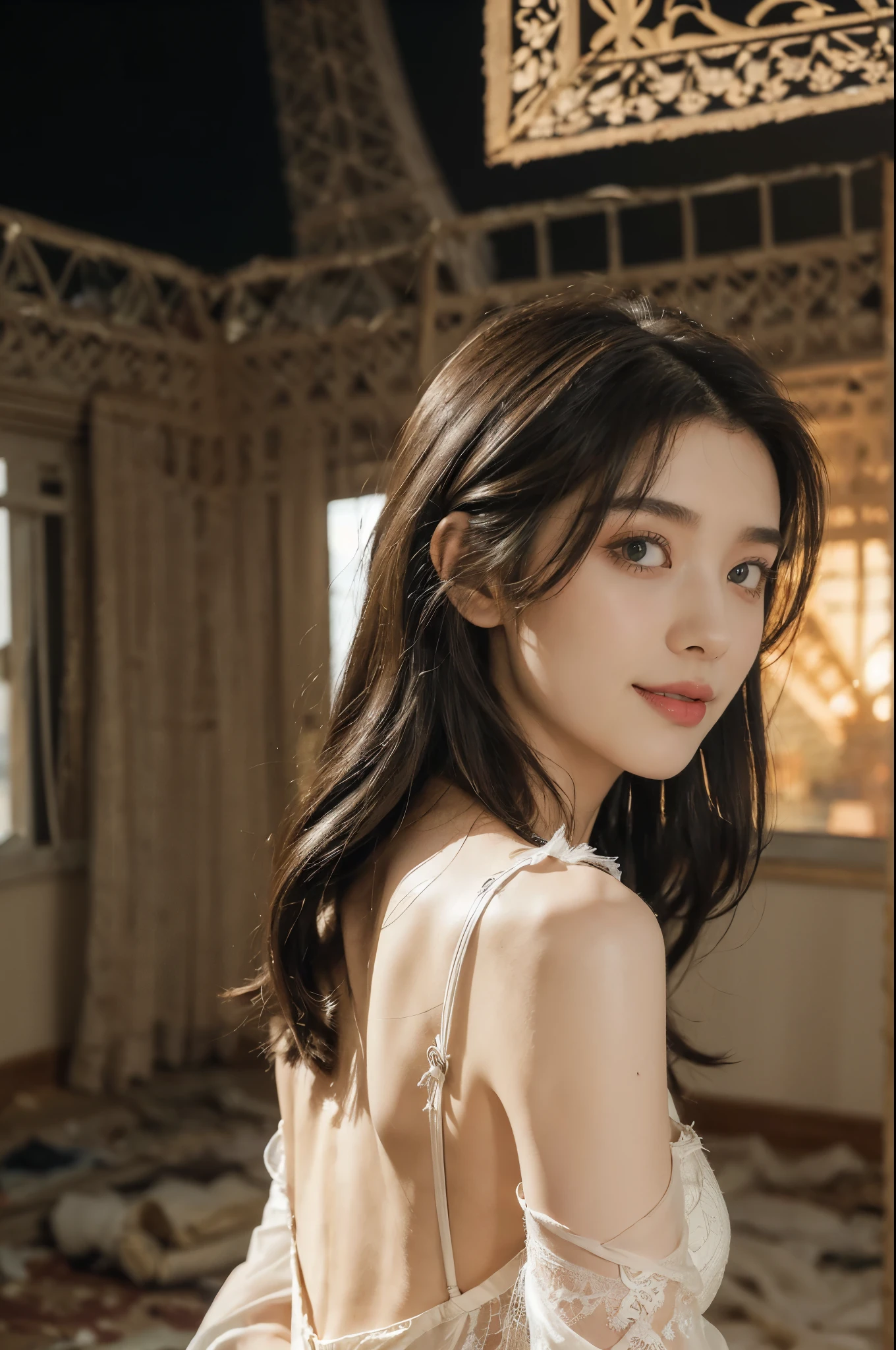 (((best quality))), (((ultra detailed))), (((masterpiece))), illustration,((a beautiful girl,solo)),(medium straight bob:1.3),((slim,thin)),((bare back,towering hips,butt crack)),(torn tattered short-sleeved sheer nightgown:1.3), (delicate skin:1.2), ,(in dark dilapidated bedroom:1.3),(rundown hotel:1.3),((faded walls, peeling paint, dusty carpet)),(standing:1.3),((window, city view, weak lights)),(majestic Eiffel Tower:1.3),(smile:1.2), tranquility, rough surroundings, edgy beauty,detailed eyes, hidden fire, soul,(summer:1.2),(night scene:1.3),((from back,upper body))