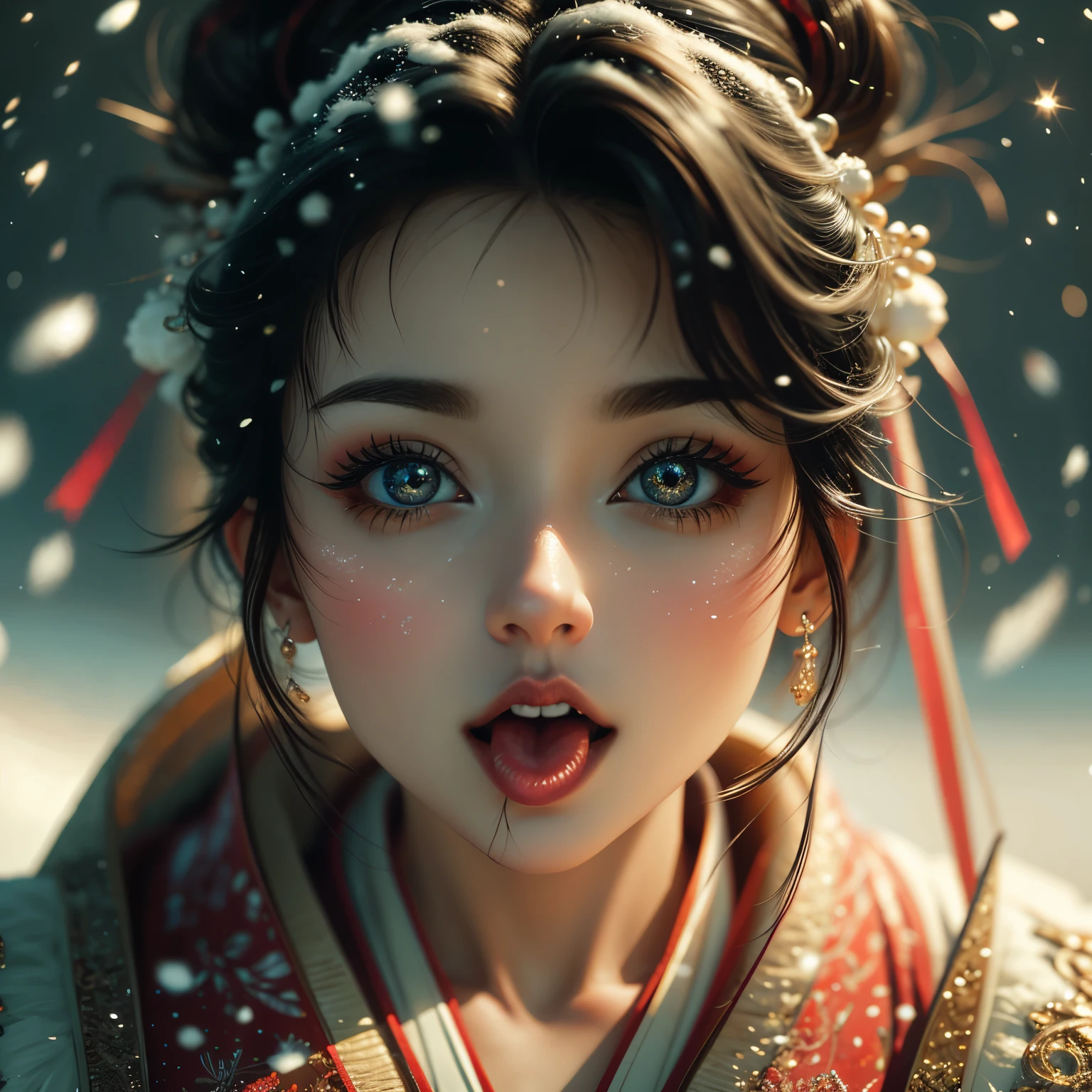 ExtremelyDetailed Kawaii girl Face (Close-up of KissableTongue)((Kissing to Camera)) glossy lips with beautiful details, extremely delicate and beautiful (TopQuality Masterpiece of 8K Ultra-detailed(ProfessionalPhoto:1.37)), {Amazing|finely detail|official art|incredibly absurdres} (close-up:1.22), fish eye lens (wide lens) macro lens, Detailed reflective Eyes with (sparkling highlights:1.28) Detailed(Voluminous LongEyelashes:0.88), {from Above|Visible back of throat|String of saliva drip}, (naked shoulder:1.32), Dripping(WhiteJuice on tongue:1.28) snow particles