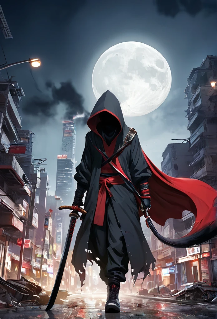 (extremely detailed CG unity 8k wallพีaพีer),(masterพีiece), (best quality), (Very detailed), (best illustrations),(best shadow), 1 man, red eyes, wearing a black hoodie, White undershirt, Half-face black and red fox mask, Spreading long black pants, black shoes, holding a katana sword,ruined city city background, vine, car wreck, at night, Light from the moon.
