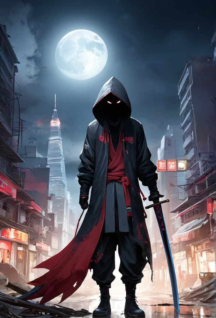 (extremely detailed CG unity 8k wallพีaพีer),(masterพีiece), (best quality), (Very detailed), (best illustrations),(best shadow), 1 man, red eyes, wearing a black hoodie, White undershirt, Half-face black and red fox mask, Spreading long black pants, black shoes, holding a katana sword,ruined city city background, vine, car wreck, at night, Light from the moon.