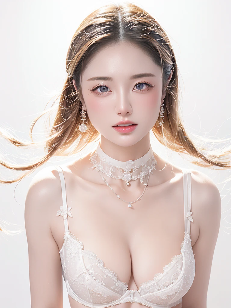 White Background、Professional Lighting、(((Professional Lighting 1.5)))、Translucent skin texture、Beautiful Skin、Beautiful Skin、、(((Whitening 1.5)))、White Bra、See-through、、Ecstasy of Musical Notes、((White Bra1.5))、See-through1.5、Bust up photo、Simple earrings and necklace、Fluttering Hair、