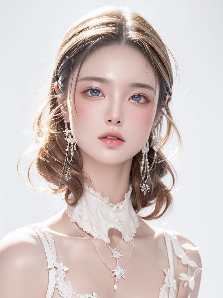 White Background、Professional Lighting、(((Professional Lighting 1.5)))、Translucent skin texture、Beautiful Skin、Beautiful Skin、、(((Whitening 1.5)))、White Bra、See-through、、Ecstasy of Musical Notes、((White Bra1.5))、See-through1.5、Bust up photo、Simple earrings and necklace、Fluttering Hair、