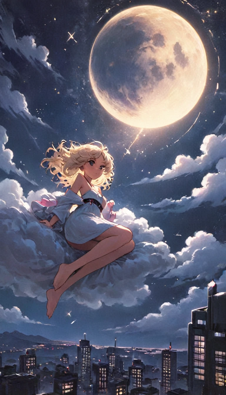 a beautiful 20 year old blonde woman with big messy hair laying on a cloud in the sky floating over a cityscape at night, twinkling stars and glowing moon, fantasy art style, rossdraws cartoon vibrant, cyberpunk, cute detailed digital art, colorfull digital fantasy art, digital fantasy art ), glossy digital painting, rossdraws pastel vibrant, rossdraws 2. 5, rossdraws 1. 0
