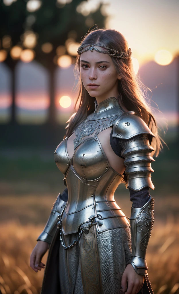 (masterpiece), (extremely intricate:1.3), (realistic), portrait of a girl, the most beautiful in the world, (medieval armor), metal reflections, upper body, outdoors, intense sunlight, far away castle, professional photograph of a stunning woman detailed, sharp focus, dramatic, award winning, cinematic lighting, octane render  unreal engine,  volumetrics dtx, (film grain, blurry background, blurry foreground, bokeh, depth of field, sunset, motion blur:1.3), chainmail