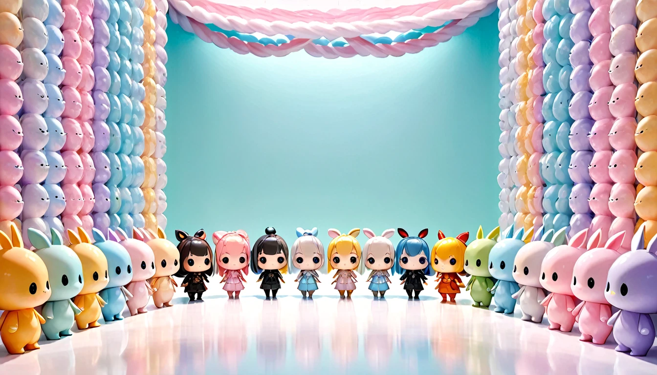 conceptual installation art, there are so many cute chibi characters lined up, background pastel color, (ultra detailed, absolutely resolution, best quality:1.3), 2.5D, delicate and dynamic, artistic photography, hyper realistic, graphic CG digital art