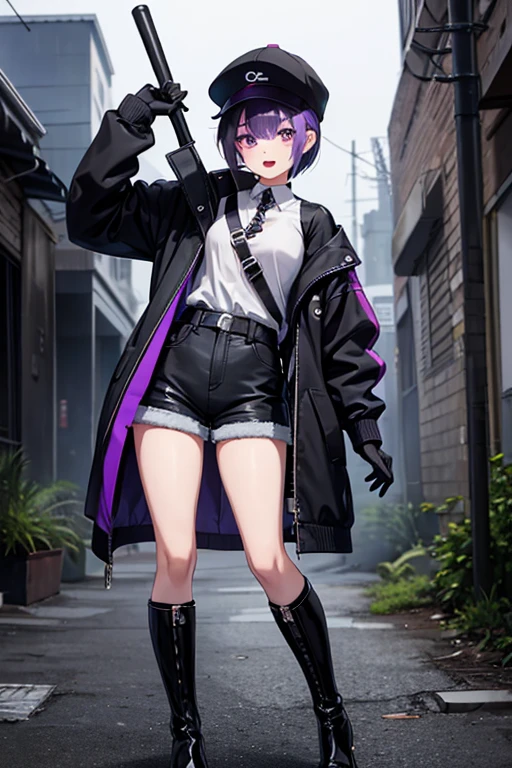 Anime Art、Full body portrait、Modern Street Murderer、Moonlit Ruins、A tall woman, about 175cm tall, in her 20s, wearing a black jacket and shorts, holding a large baseball bat、Short medium hairstyle、Bangs long enough to cover both eyes、Purple Hair、Wearing a red cap、Bossy smile with open mouth、gloves、stockings、boots、wearing silver earrings in his ears