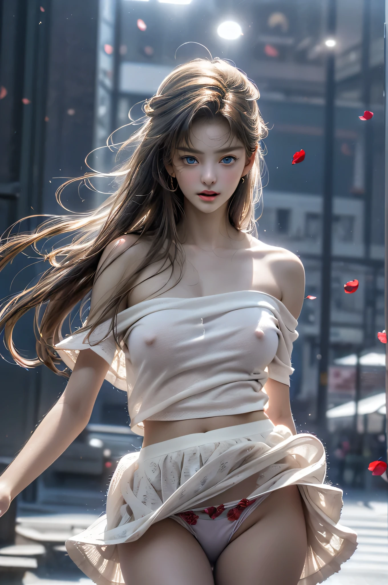 (Girl in a semi-transparent one-shoulder white miniskirt dress), (photo realistic:1.4), (hyper realistic:1.4), (realistic:1.3), (smoother lighting:1.05), (increase cinematic lighting quality:0.9),. 32K, 1girl,20yo girl, realistic lighting, backlight, light on face, ray trace, (brightening light:1. 2), (increase image quality:1.4), (highest quality realistic textured skin:1. 4),(Big Blue Eyes)、Detailed drawn eyes、Detailed painted face、Fine textured eyes、A shirt that shows off a lot of cleavage、(Accentuates the body line:1.1)、(Beautiful textured skin:1.1)、(Red petals are flying)、(White lace panties are visible)、Slim long legs、