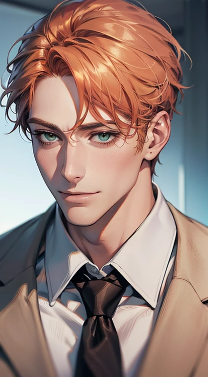 (Highest quality,4K,8K,High resolution,masterpiece:1.2),Super detailed,(Realistic,photoRealistic,photo-Realistic:1.37),1 person,34 years old,Mature Men,Beautiful skin、very handsome,Expressionless smile in love,Short gray orange hair,green eyes,Sharp Eyes,A perfect face without a doubt,Businessman, CEO, Office Background,Cinema Lighting,HDR image,tie、